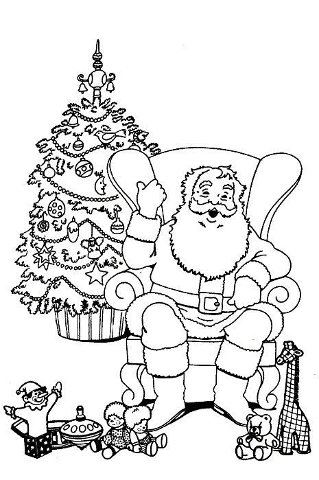 Christmas Santa Claus With Tree Coloring Page