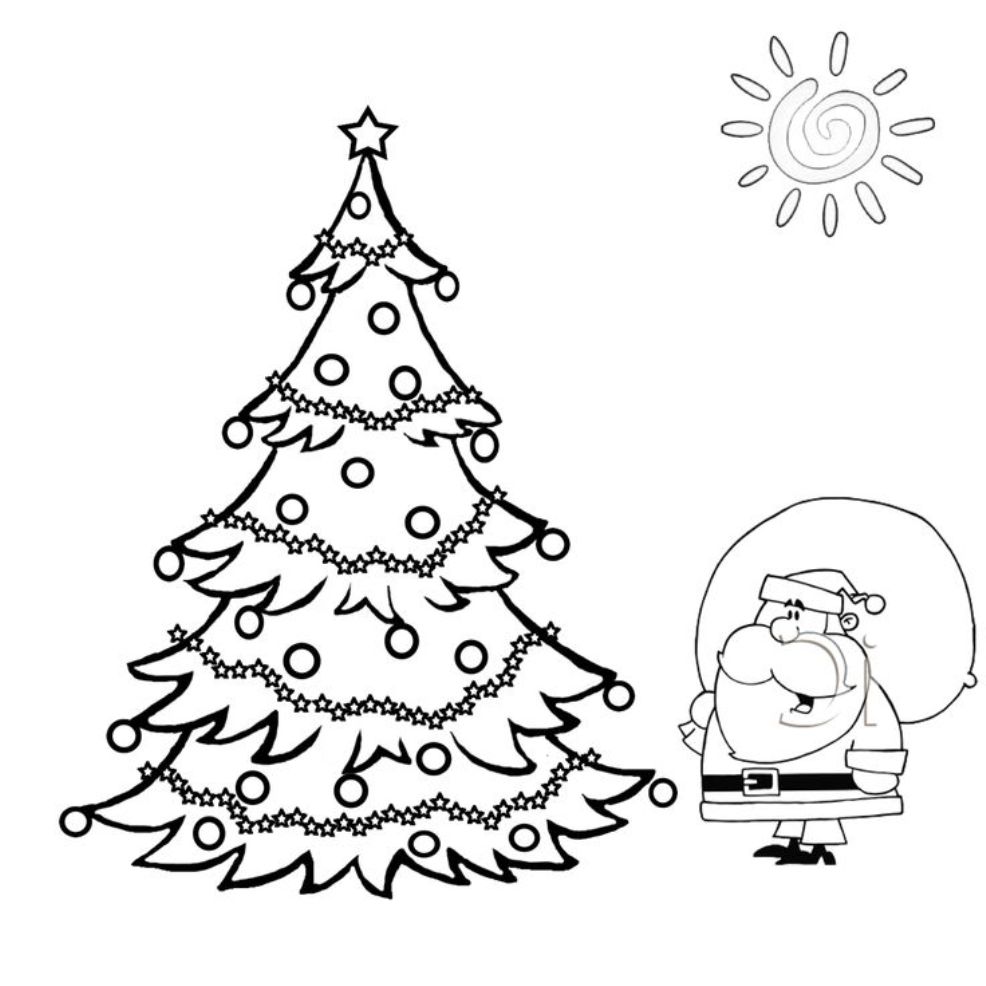 Christmas Tree And Santa Coloring Page