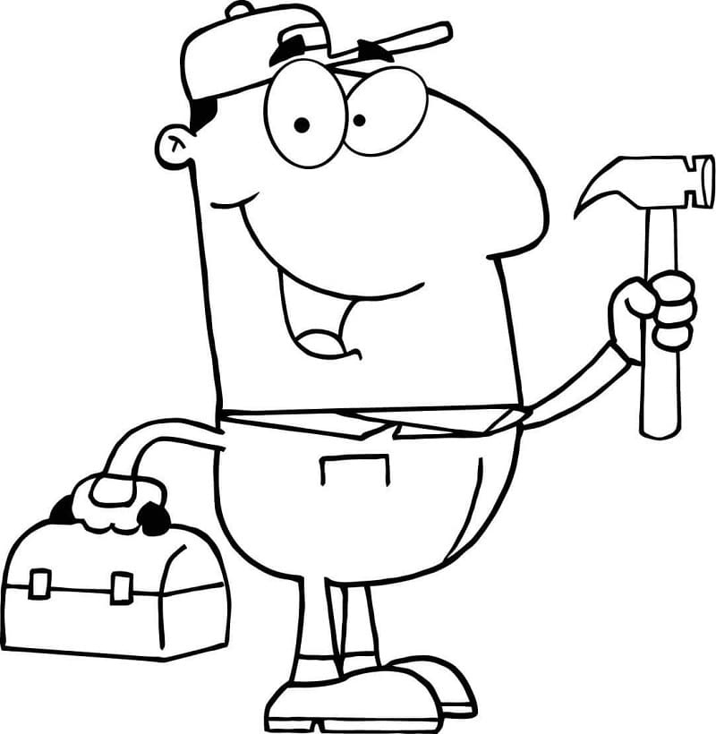 Construction Worker with Hammer Coloring Page