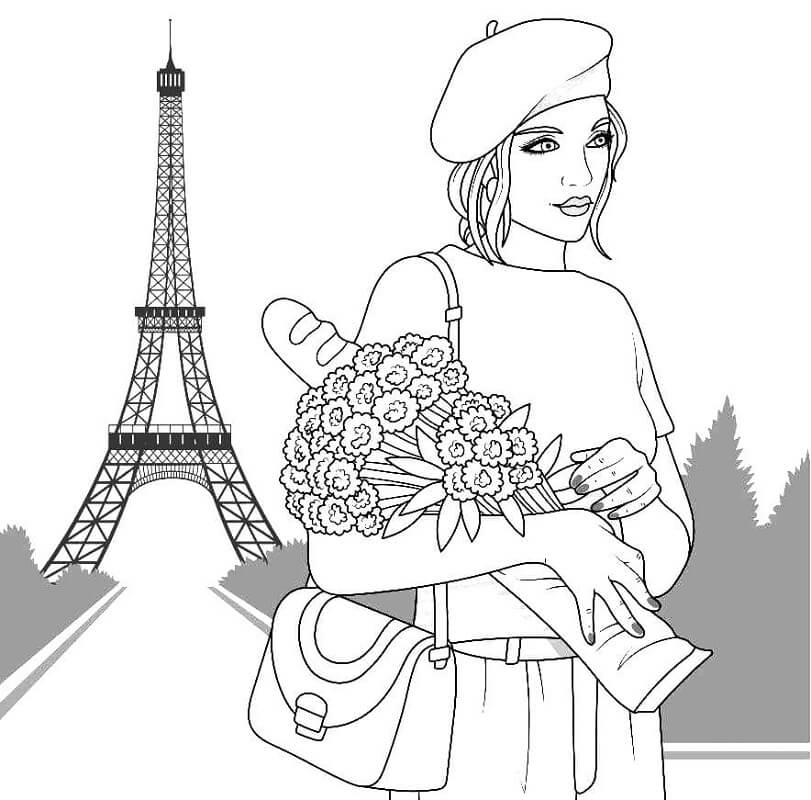 Cool Girl in Paris For Kids Coloring Page