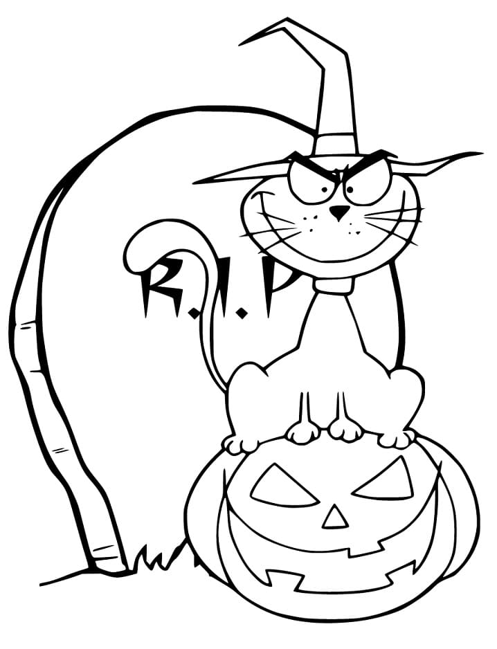 Creepy Hallween Cat Coloring Page