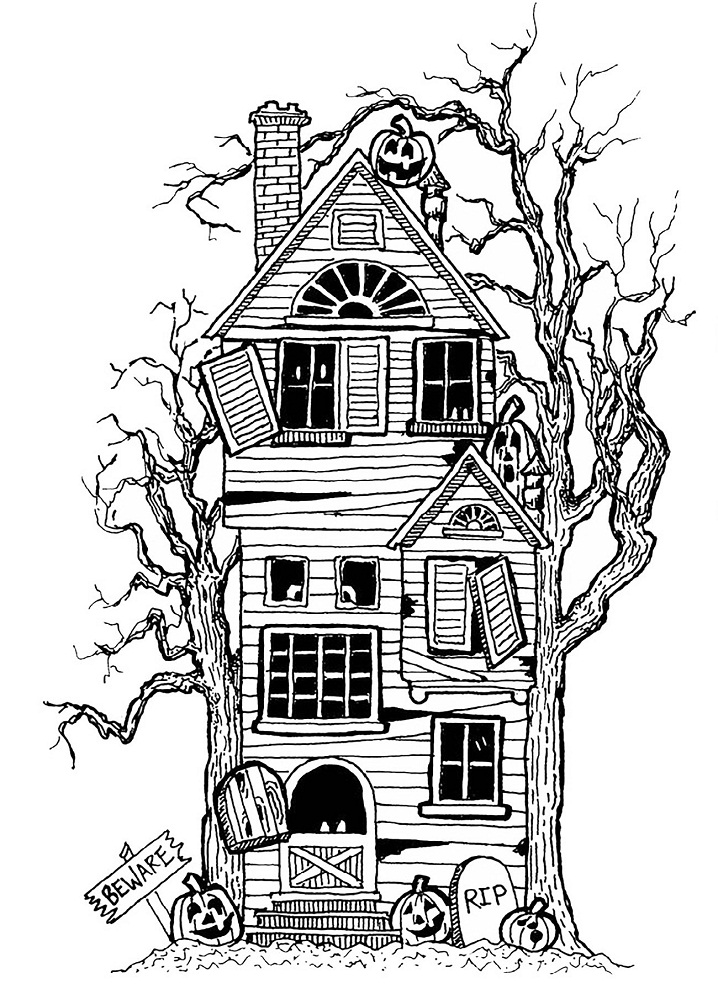Creepy Haunted House Coloring Page
