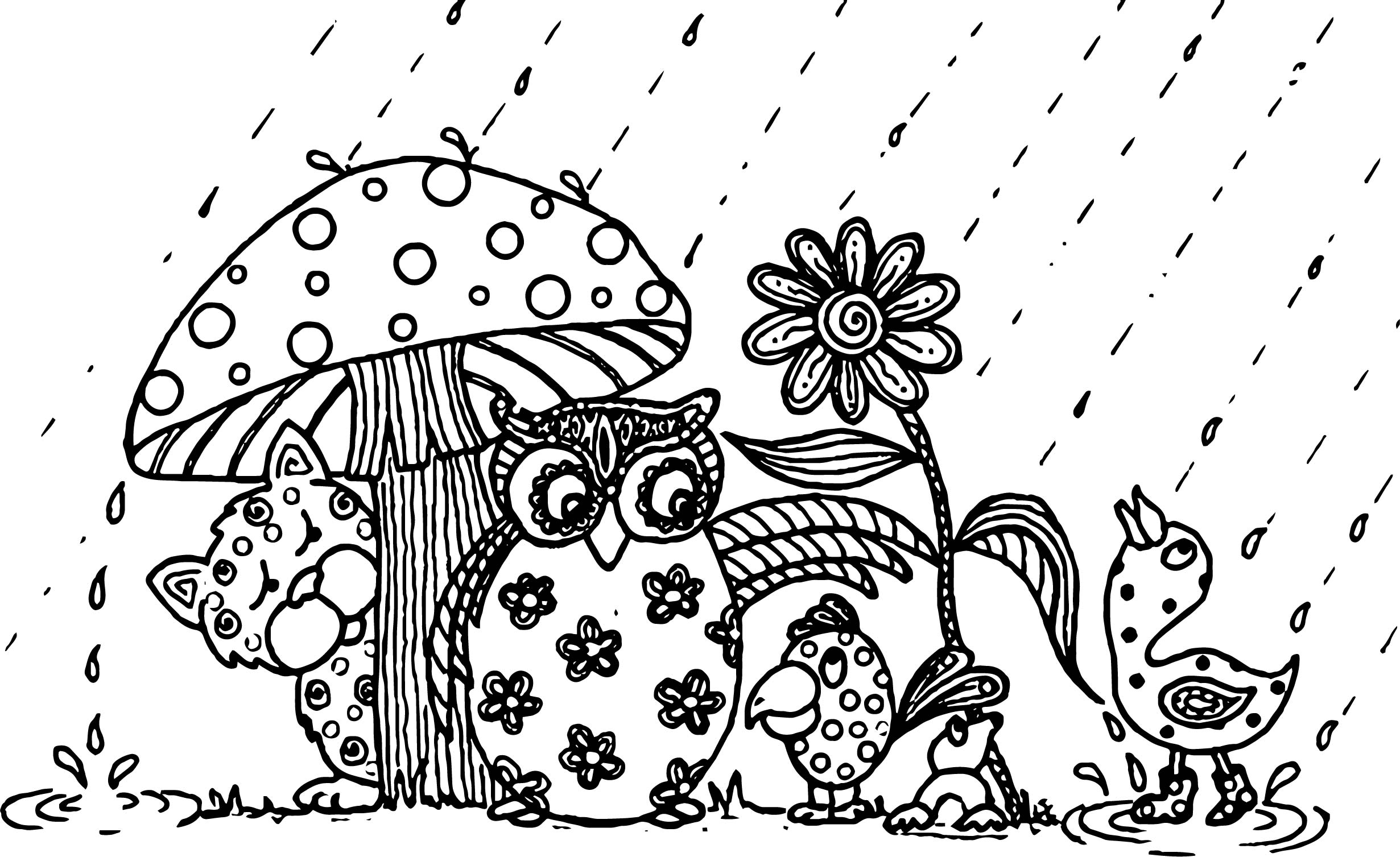 Cute Animals Hiding from Rain Coloring Page