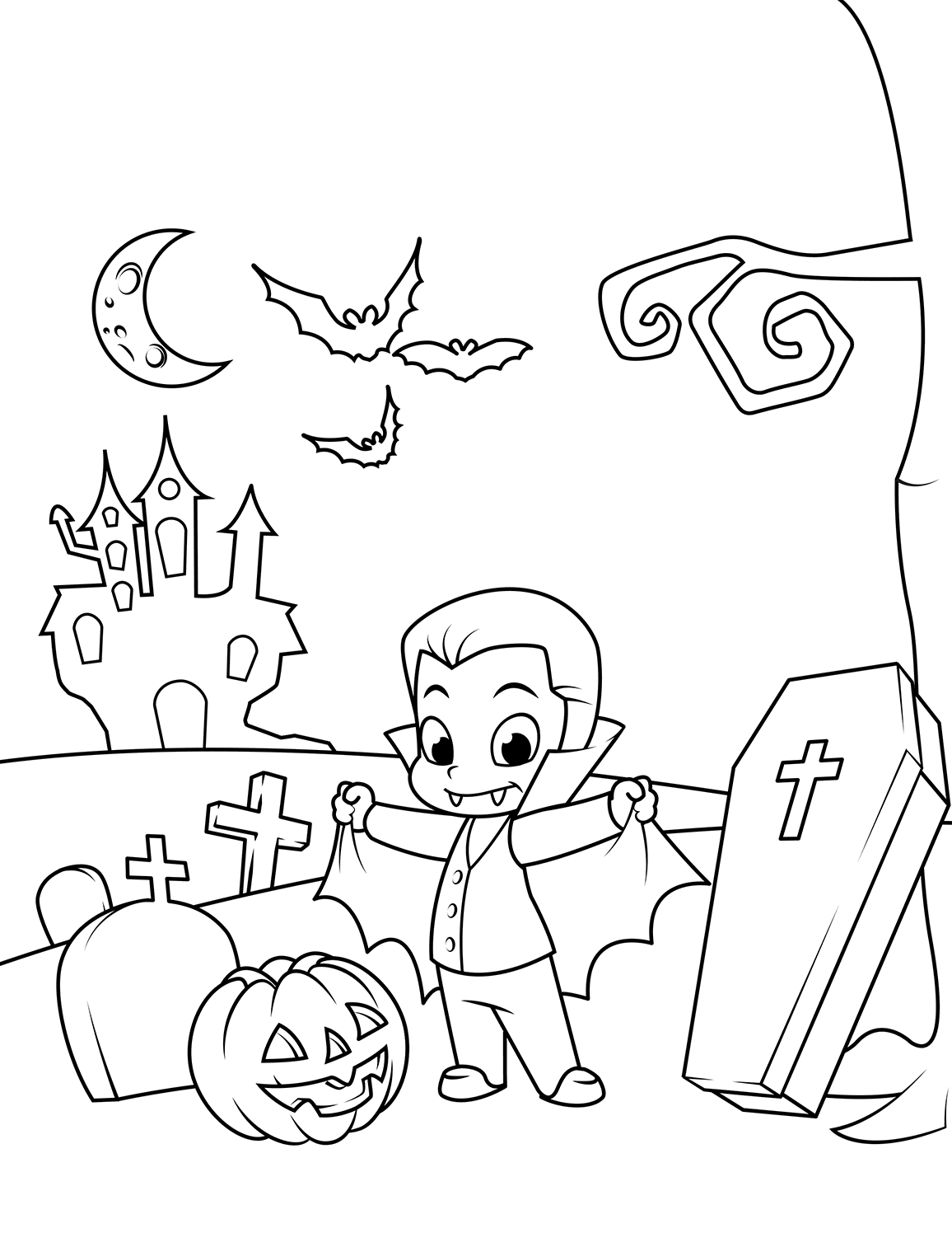 Cute Count Dracula In The Cemetery Halloween Coloring Page