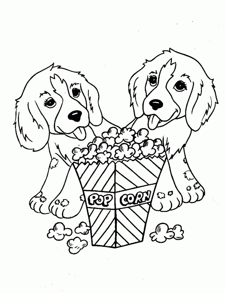 Cute Dogs Eating Pop Corn Coloring Page