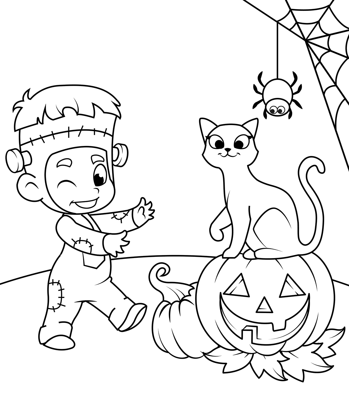 Cute Kid In A Costume With A Cat And Jack O Lantern Halloween Coloring Page