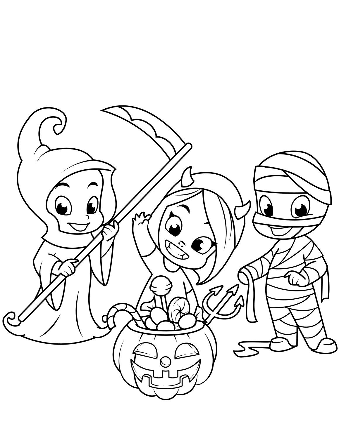 Cute Little Grim Reaper Devil Mummy And A Jack O Lantern With Candies Halloween Coloring Page