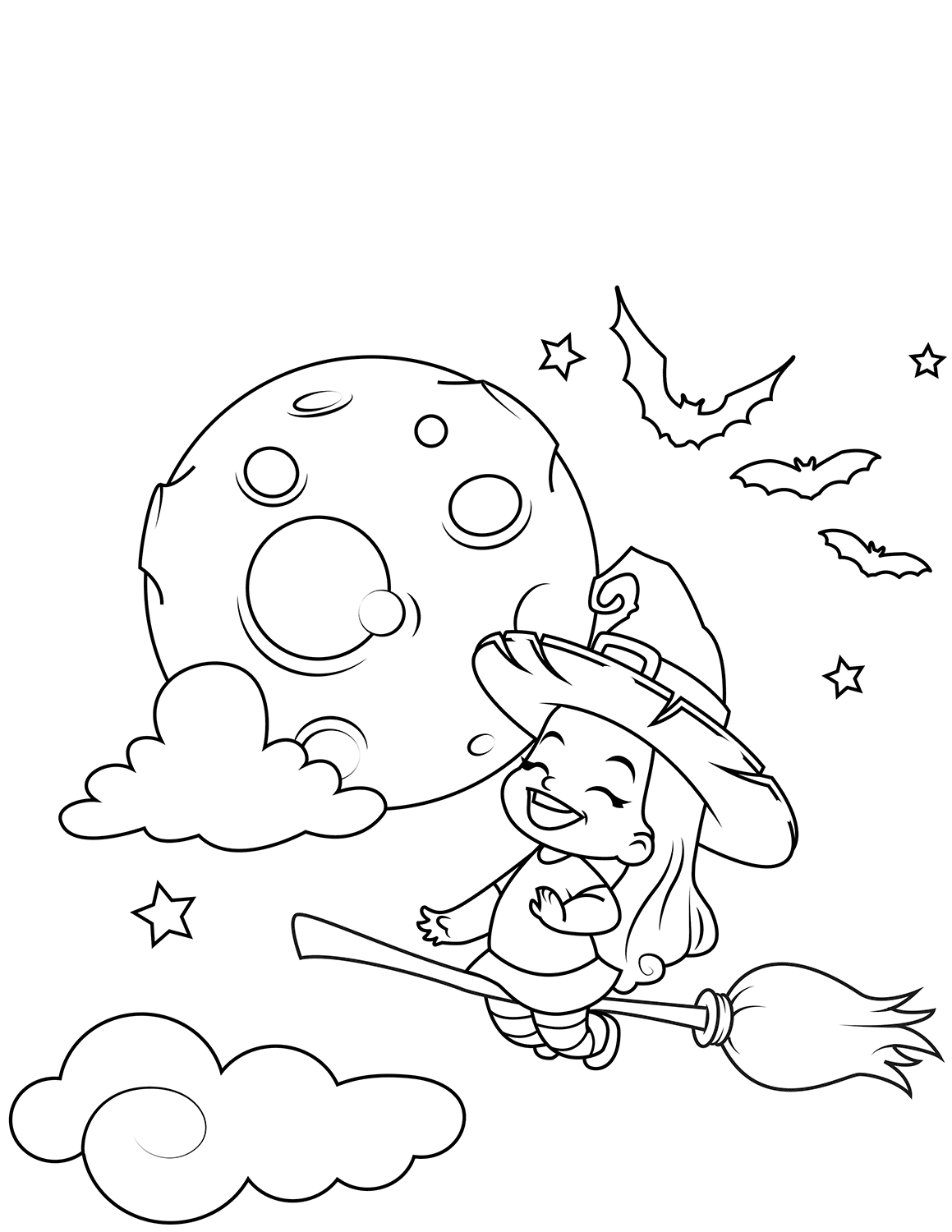 Cute Little Witch Flying On A Broomstick Halloween Coloring Page