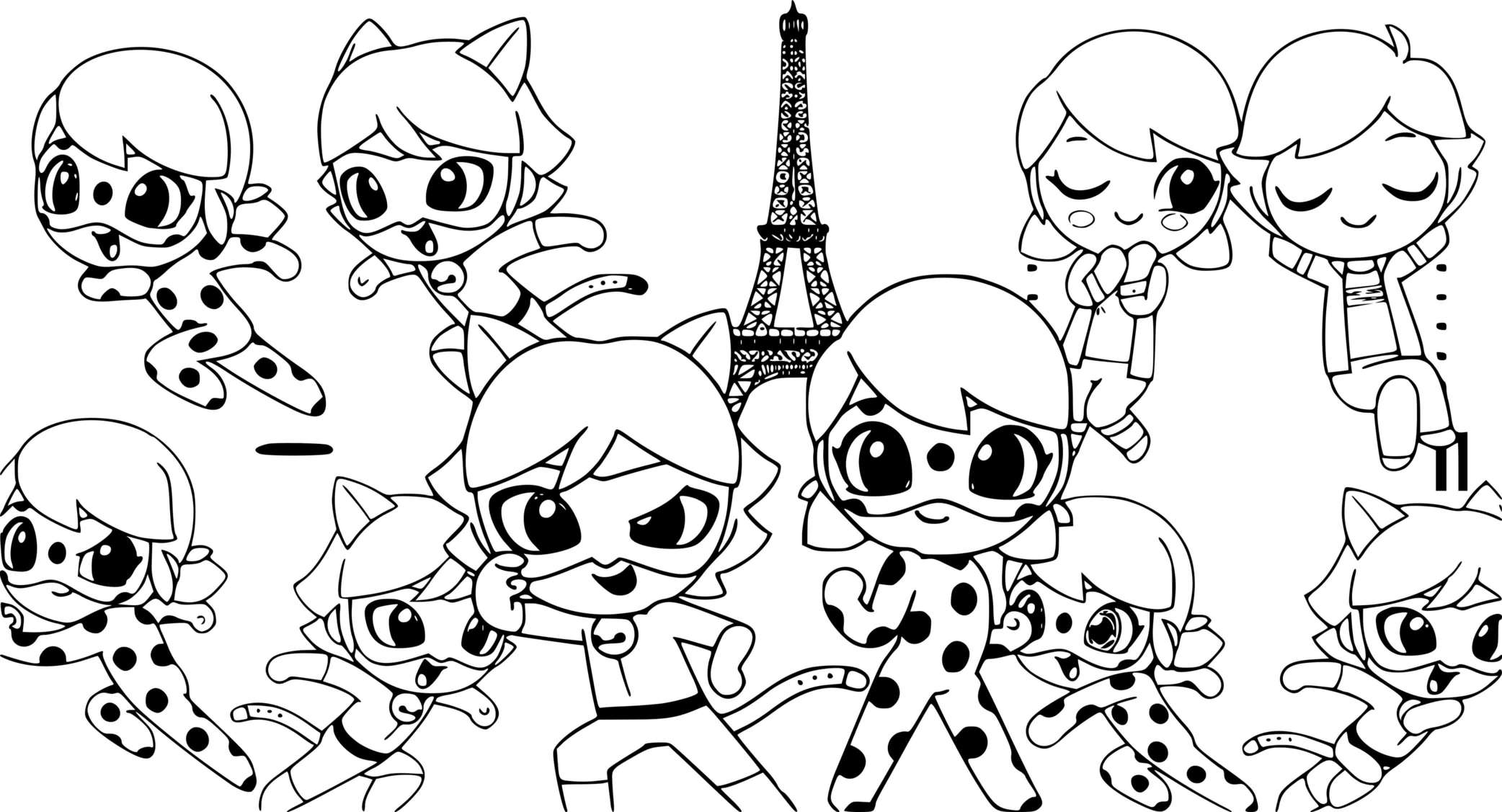Cute Multimouse Chat Noir Kawaii Coloring Page
