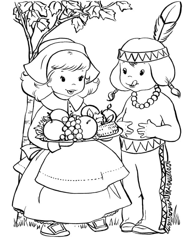 Cute Pilgrim and Indian Coloring Page
