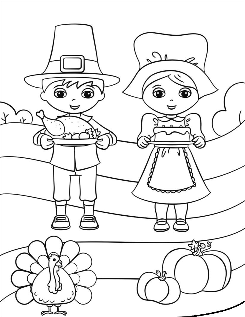 Cute Pilgrim Boy And Girl Coloring Page