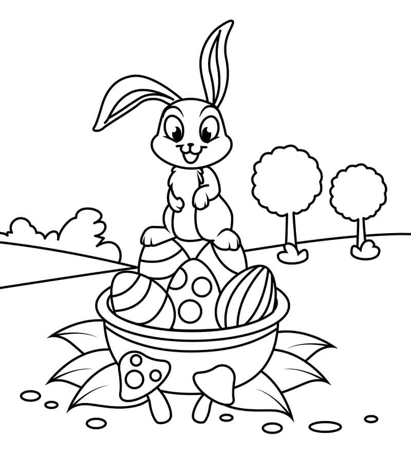 Cute Rabbit on Easter Basket Coloring Page