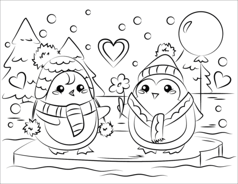 Cute Two Penguins Coloring Page