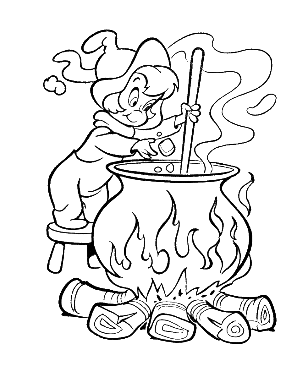 Cute Witch Brewing Magic Potion Coloring Page