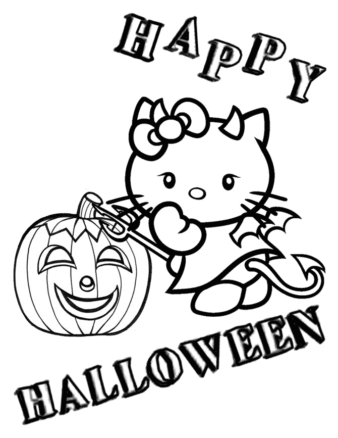 Devil Hello Kitty And Pumpkin Halloween Coloring Page