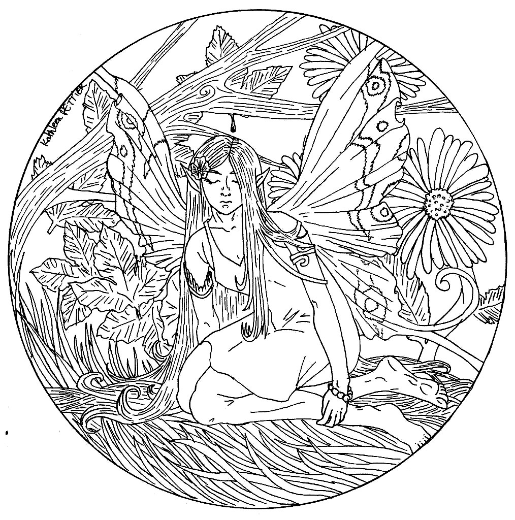 Difficult Mandala Fairy Coloring Page