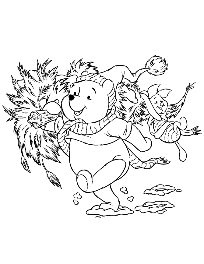 Disney Pooh Bear And Piglet Carrying Holiday Christmas Tree Coloring Page
