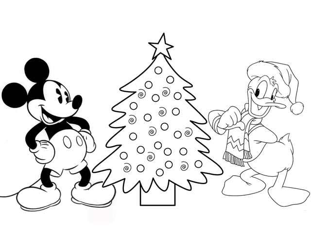 Donald And Mickey By Christmas Tree Disney Coloring Page
