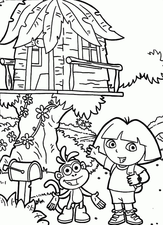 Dora and Treehouse Coloring Page