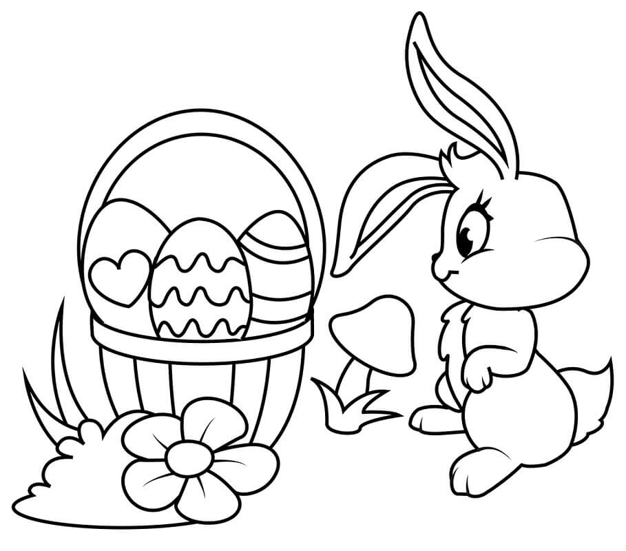 Easter Basket and Bunny Coloring Page
