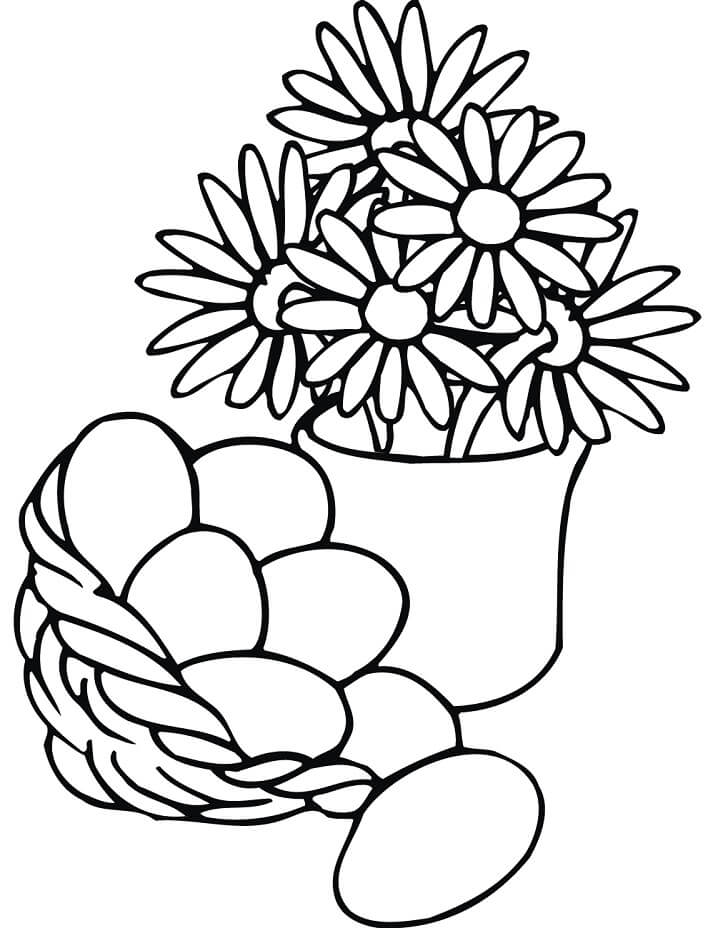 Easter Basket and Flowers Vase Coloring Page