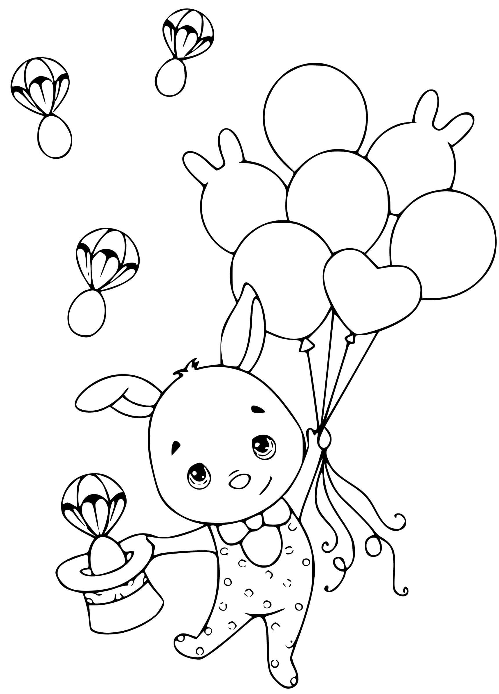 Easter Bunny Flies Balloons Coloring Page