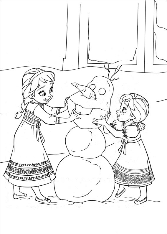 Elsa And Anna Building Olaf Coloring Page