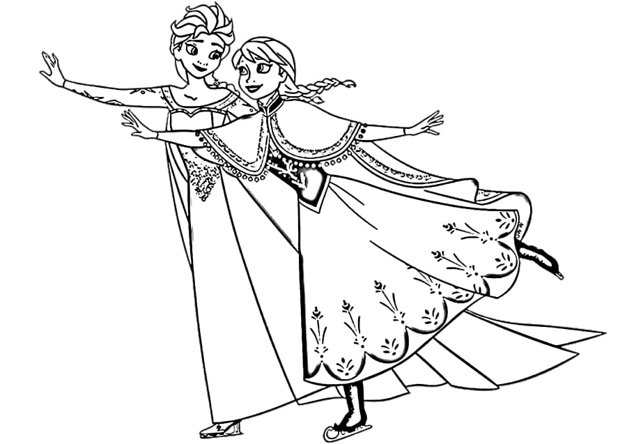 Elsa And Anna Ice Skating Coloring Page