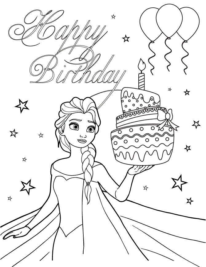 Elsa And Birthday Cake Colouring Page