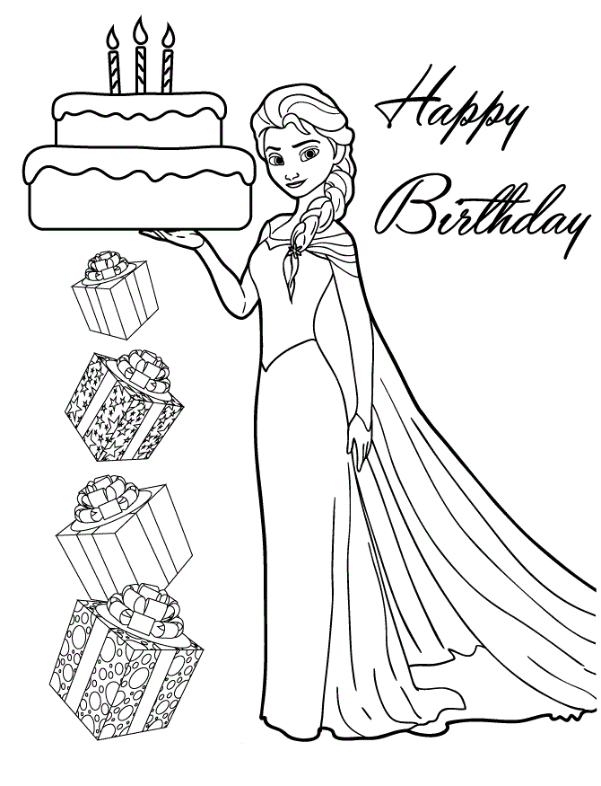 Elsa Holding Birthday Cake For You Colouring Page