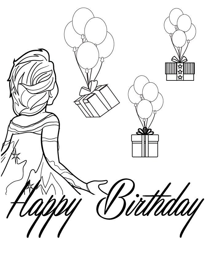 Elsa Looking At Balloons And Presents Colouring Page Coloring Page