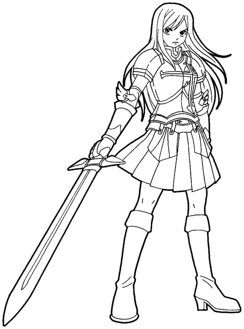 Erza Scarlet with Sword Coloring Page