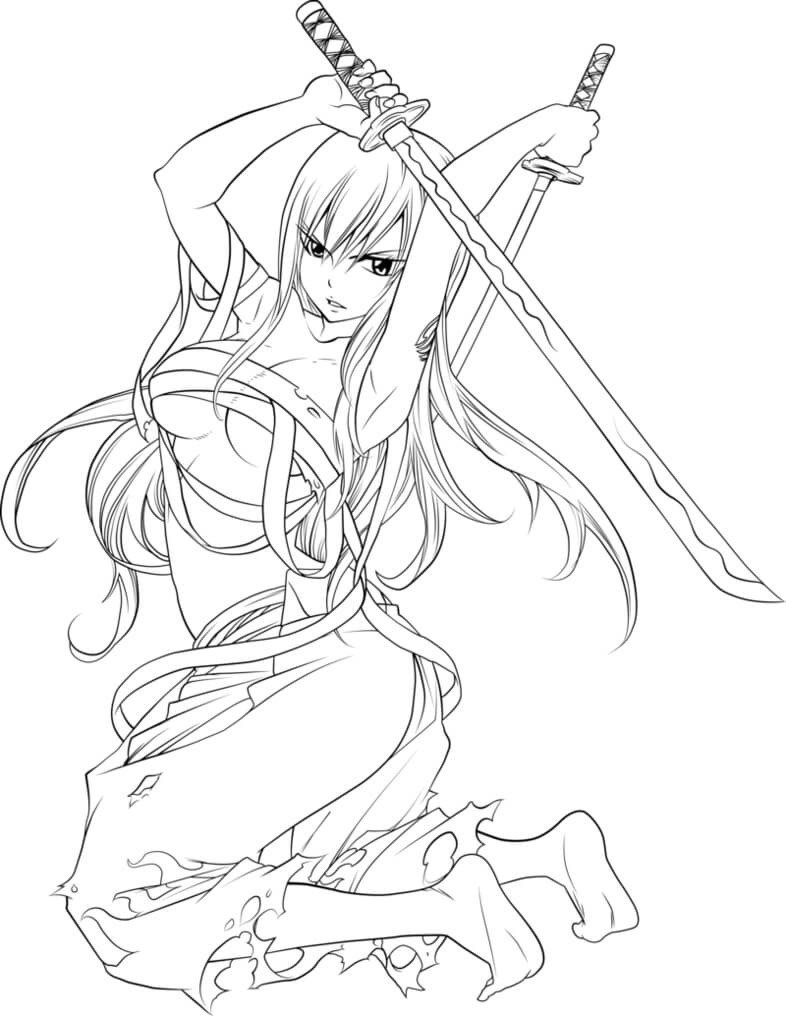 Erza Scarlet with Swords Coloring Page