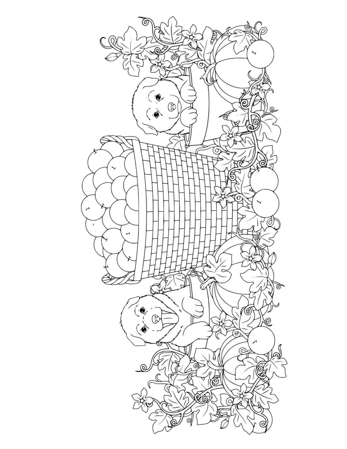 Fall Cute Dogs Apple Pumpkin Harvest Coloring Page