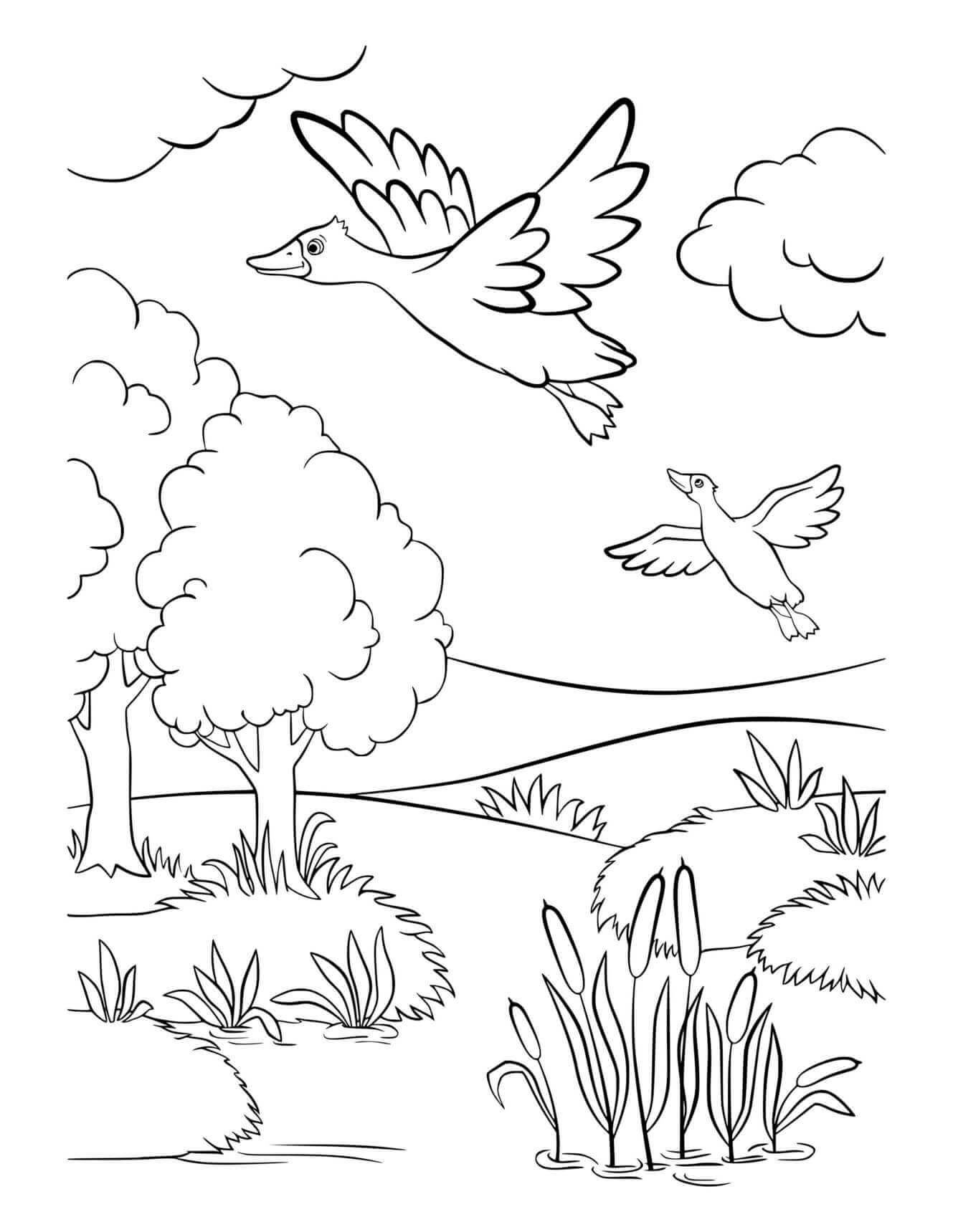 Fall Ducks Flying Near Lake Coloring Page