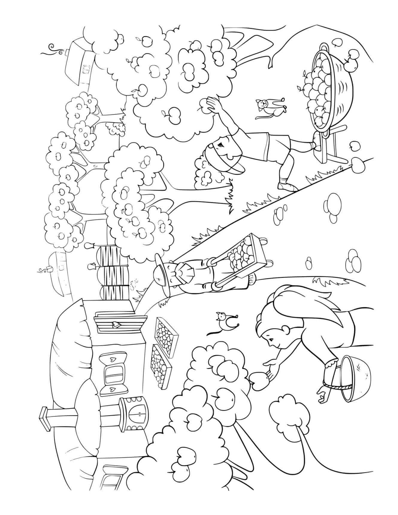 Fall Family Harvesting Apples Coloring Page