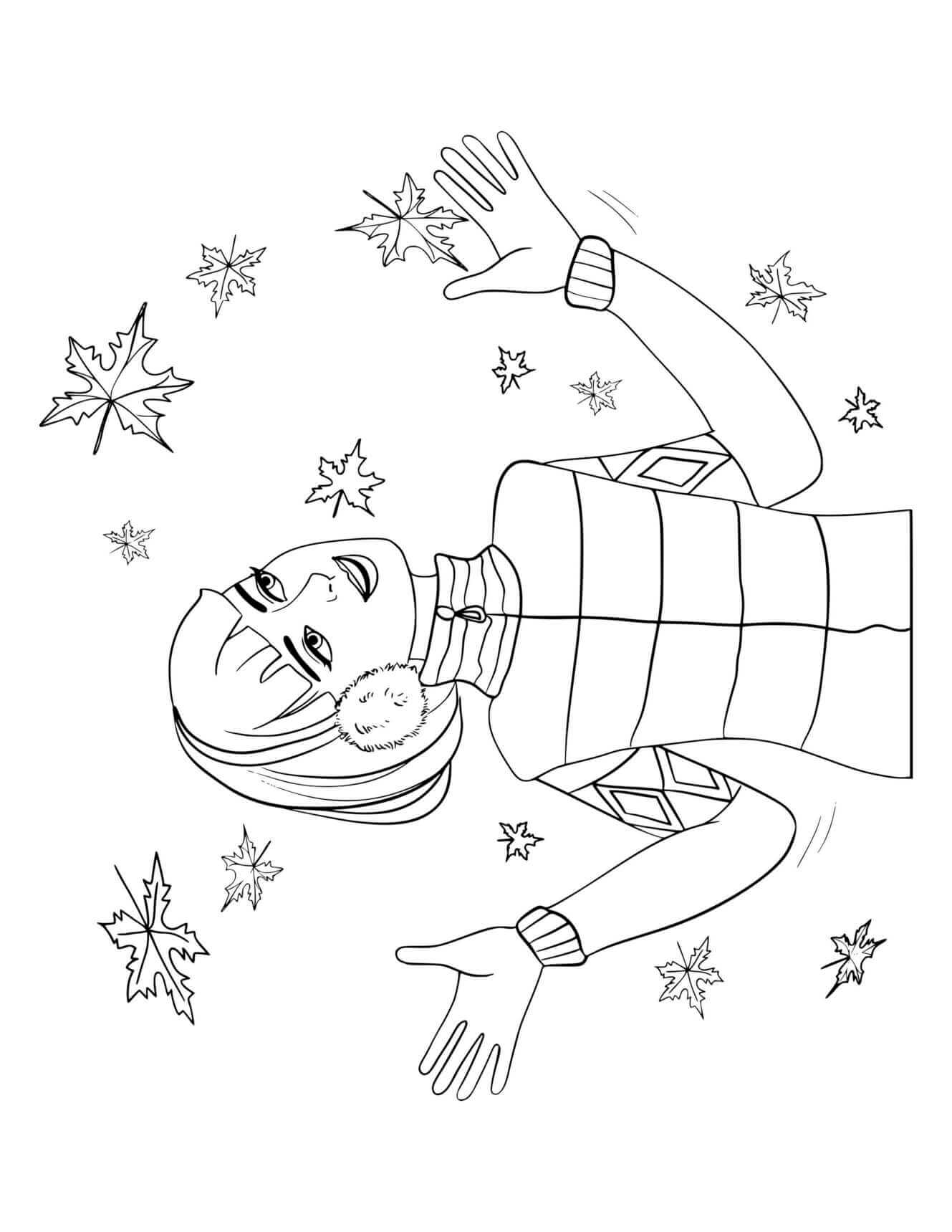 Fall Girl Standing In The Falling Leaves Coloring Page