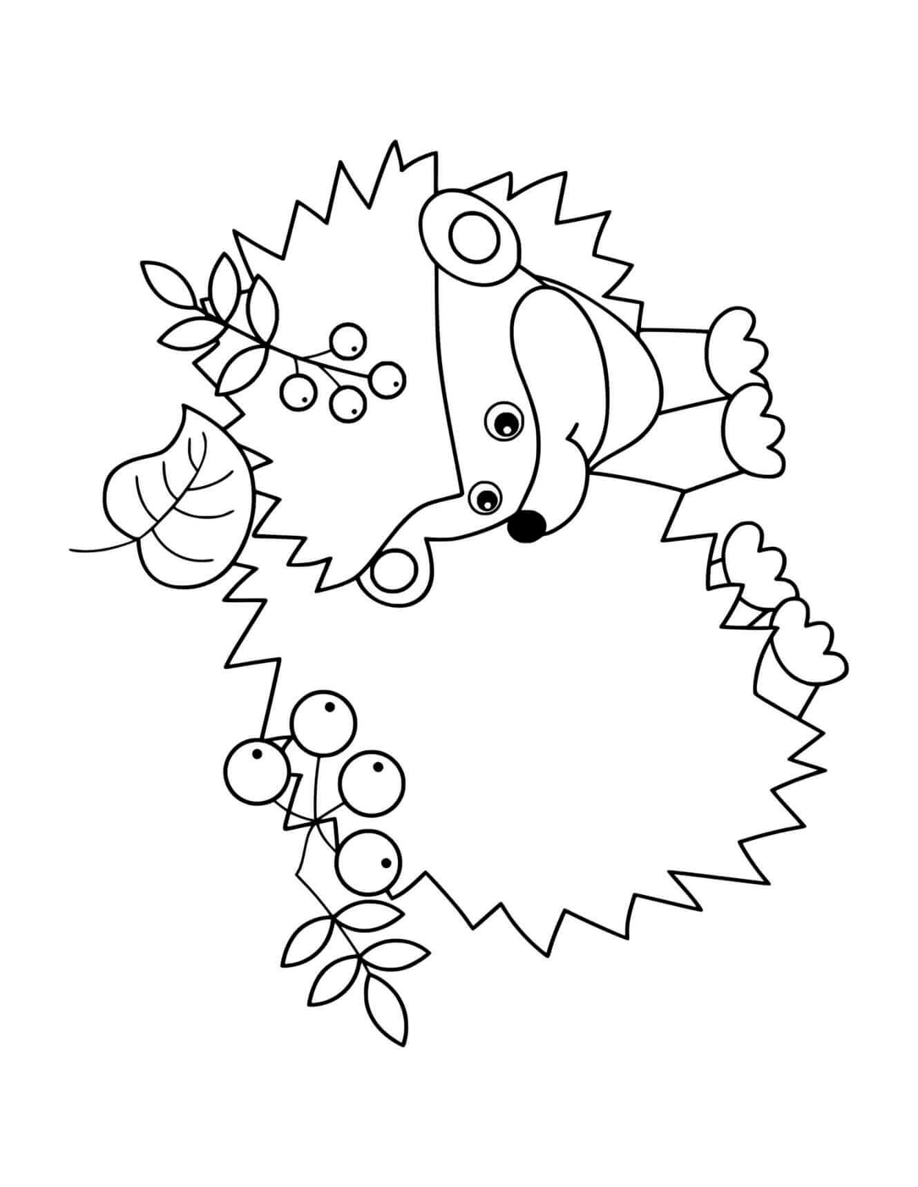 Fall Hedgehog Leaf Berries For Toddlers Coloring Page