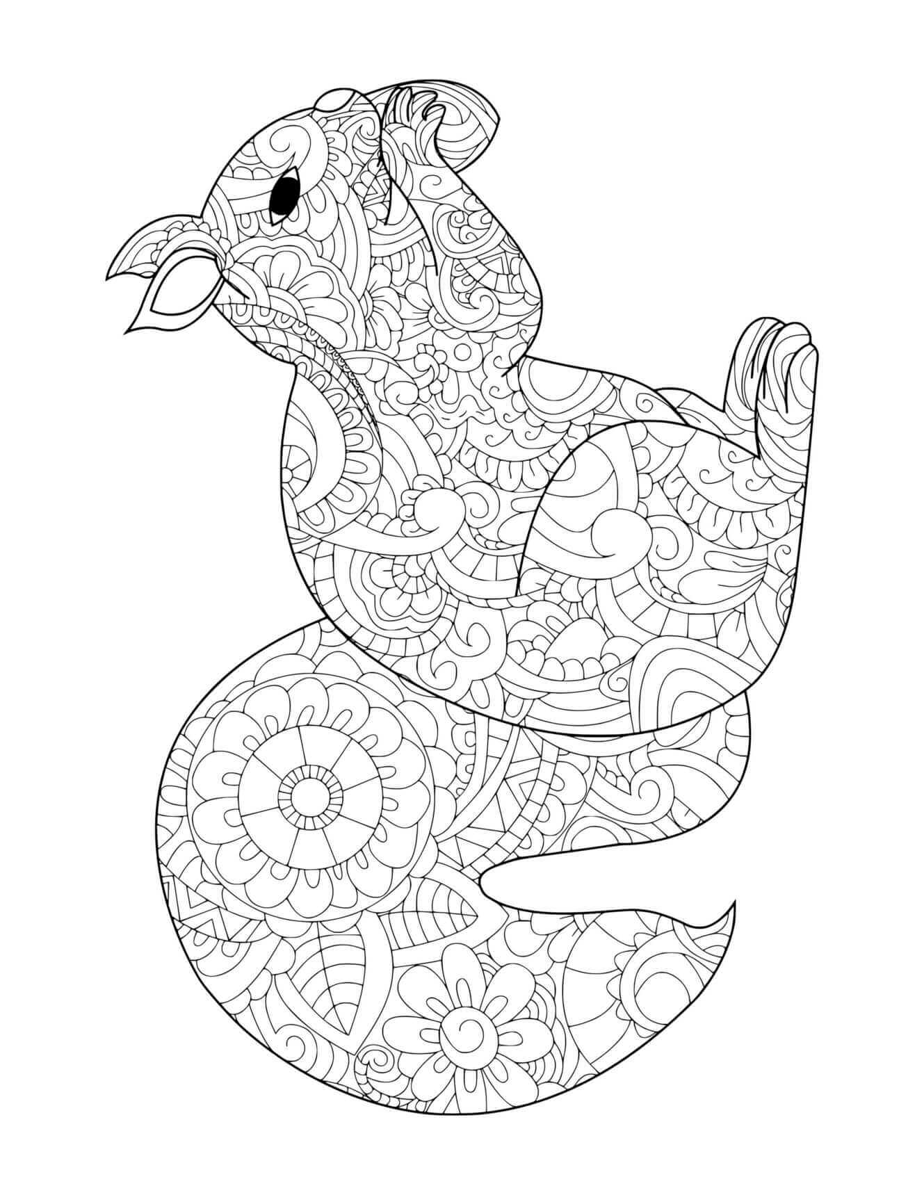 Fall Patterned Squirrel With Acorn For Adults Coloring Page