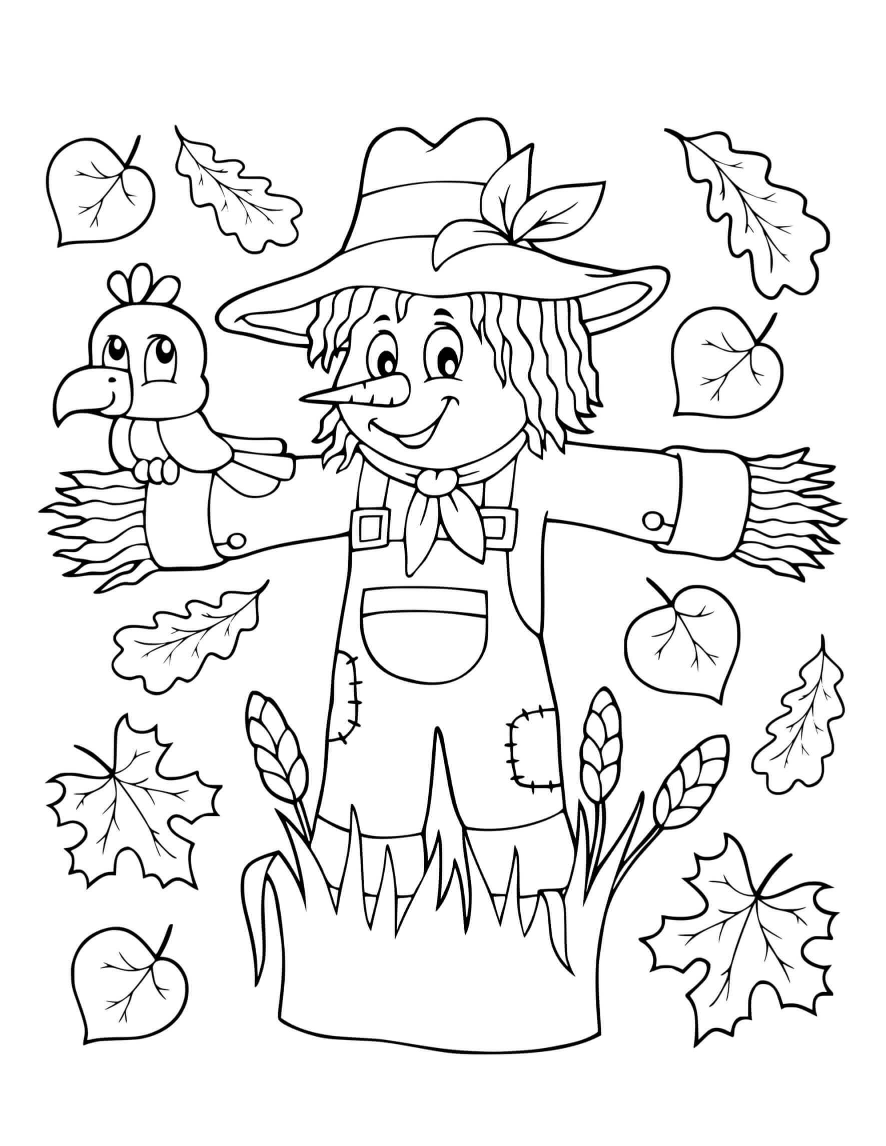 Fall Scarecrow Falling Leaves Coloring Page
