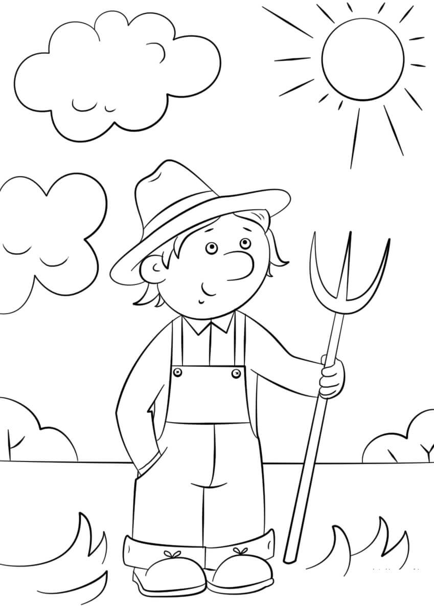 Farmer with Pitchfork Coloring Page