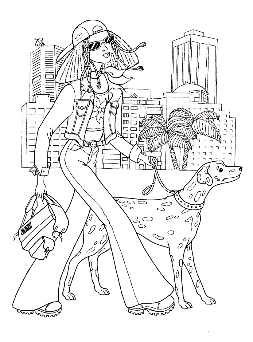 Fashion Teenager Girl With Her Dog Coloring Page
