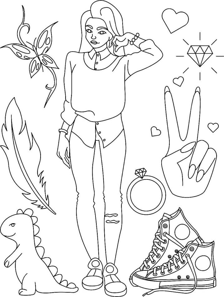Fashionable Girl and Accessories For Kids Coloring Page