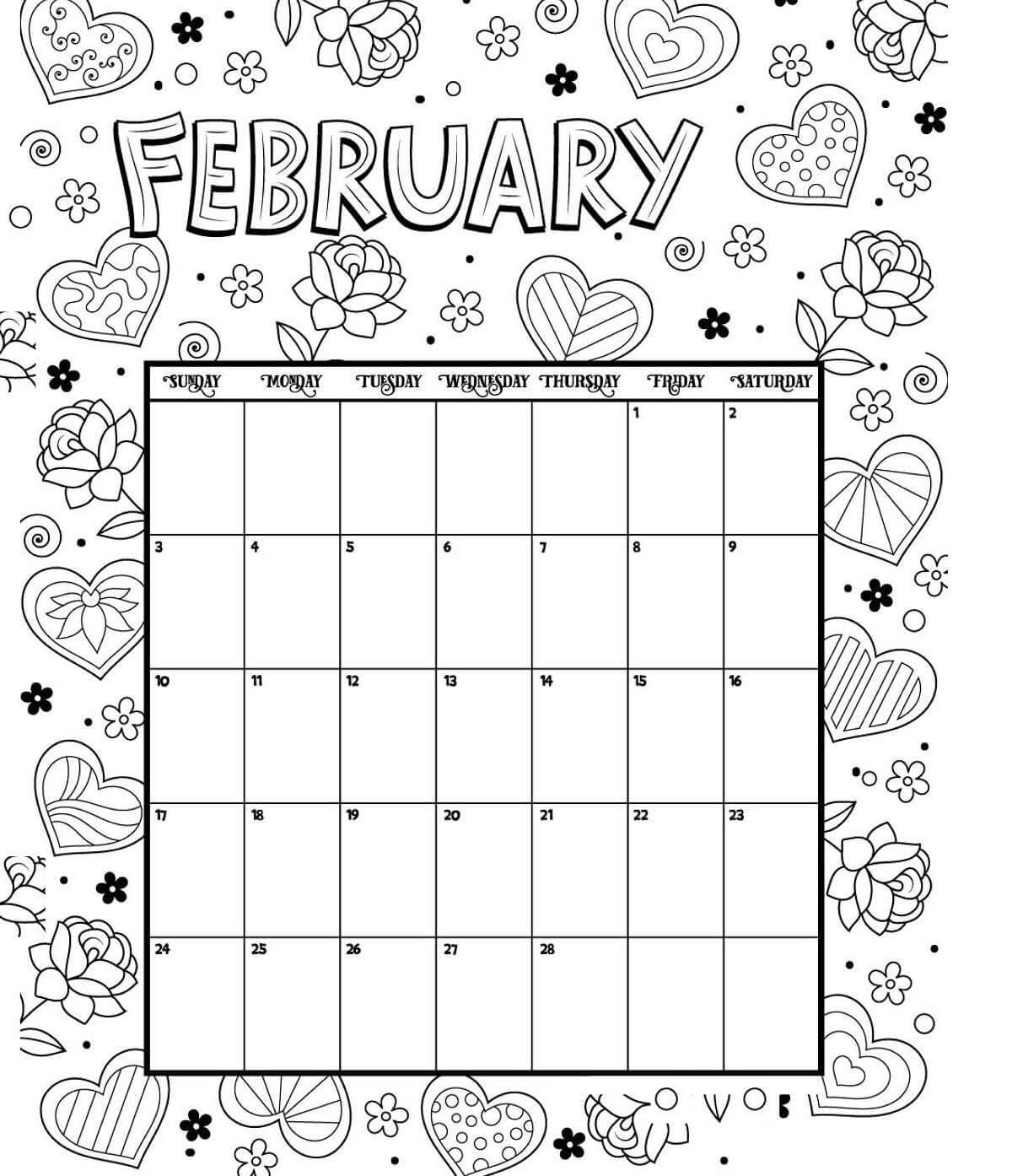 February Coloring Calendar Valentines