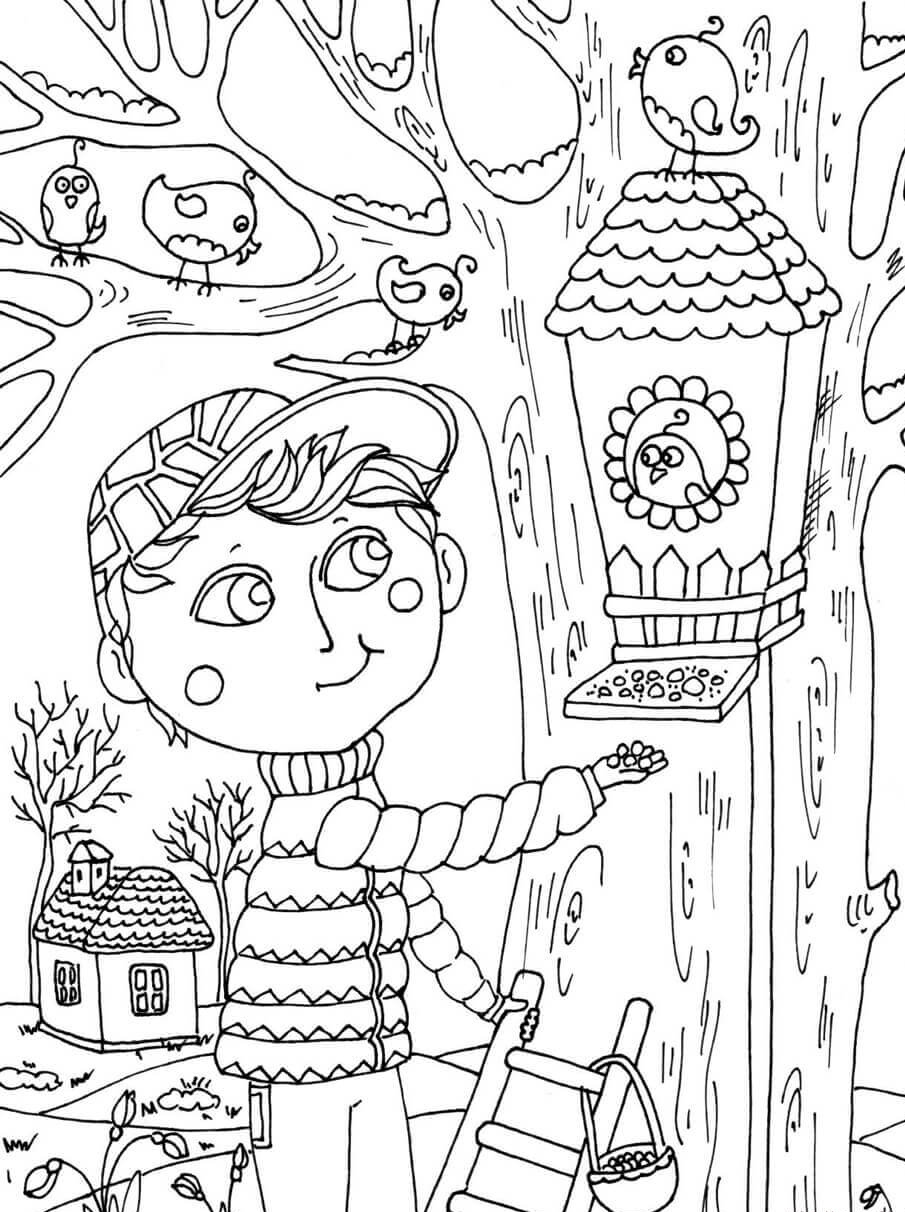Feeding Birds in April Coloring Page