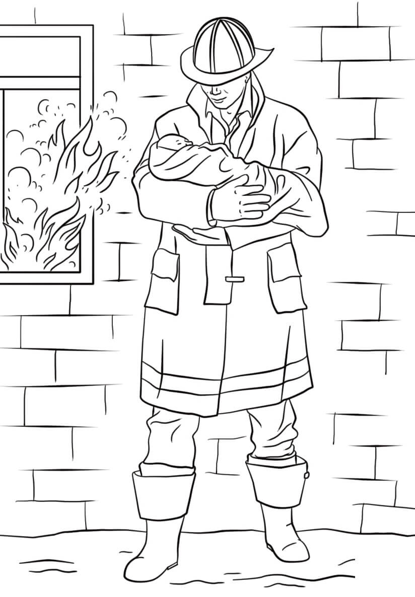 Firefighter Saves Baby Coloring Page