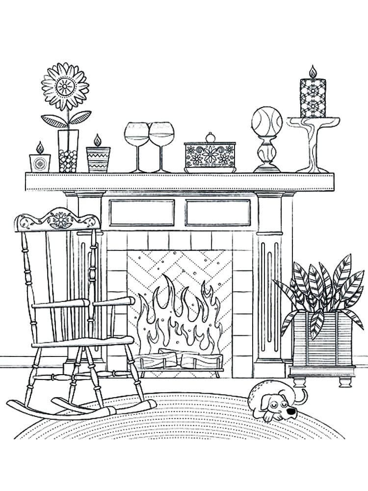 Fireplace and Dog Coloring Page