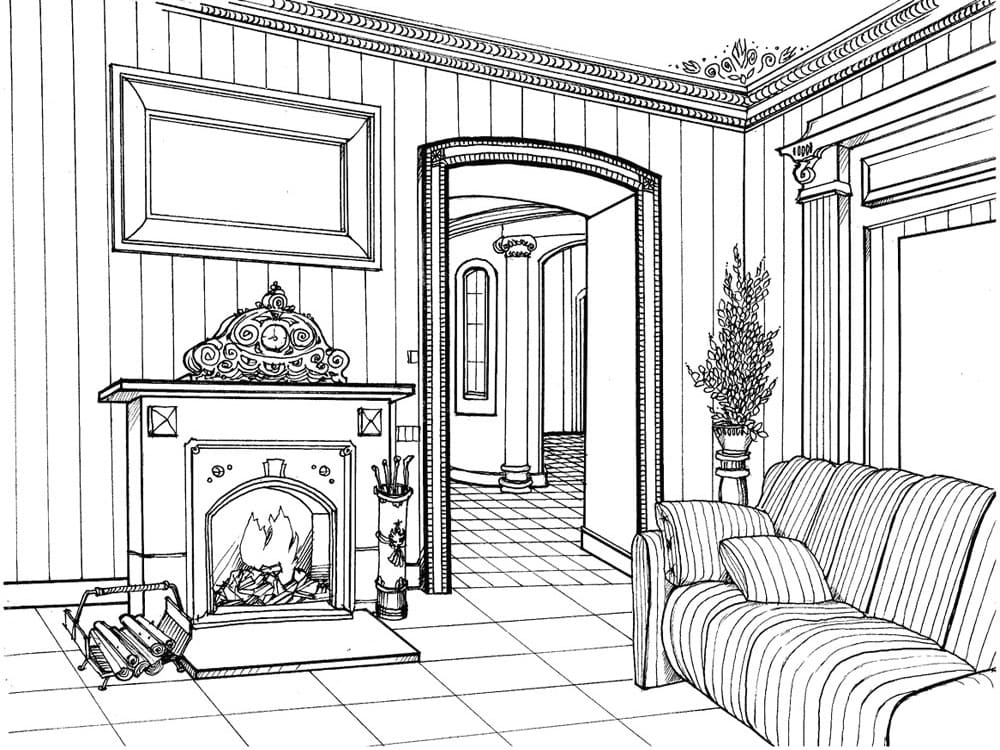 Fireplace on Livingroom Coloring Page