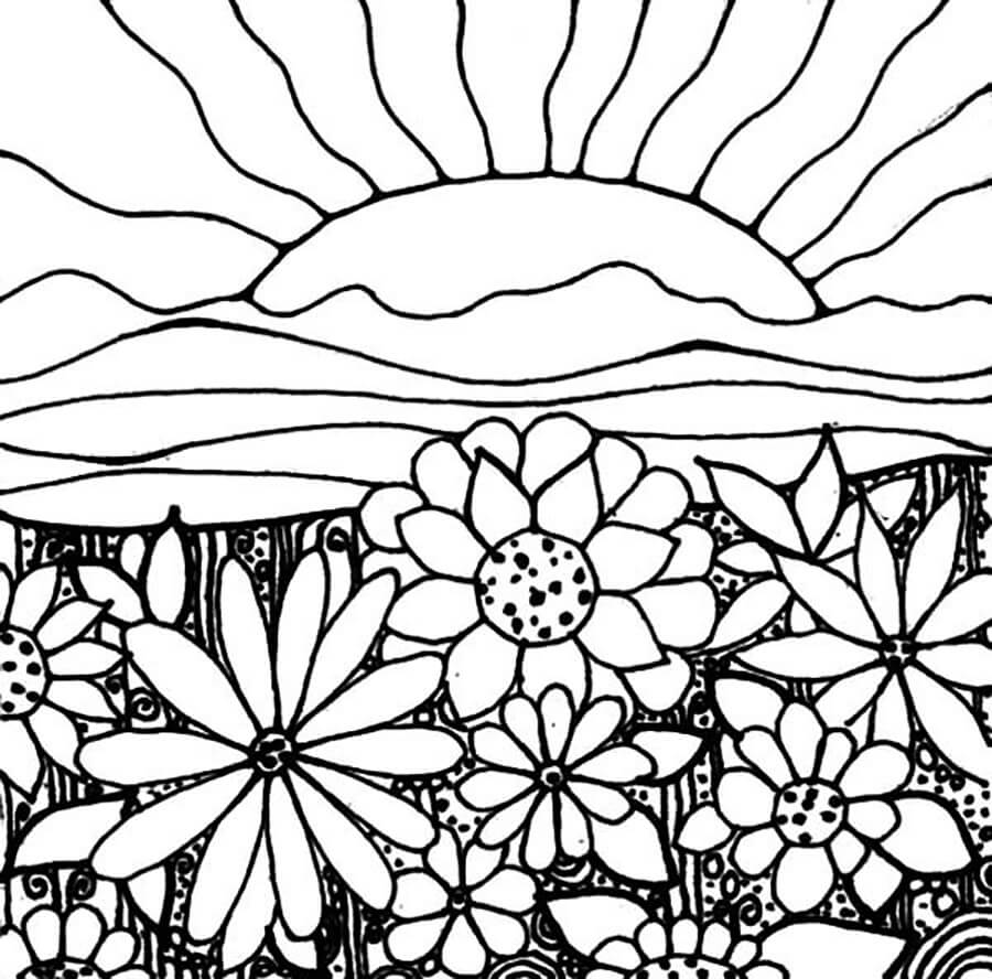 Flowers and Sunset Coloring Page