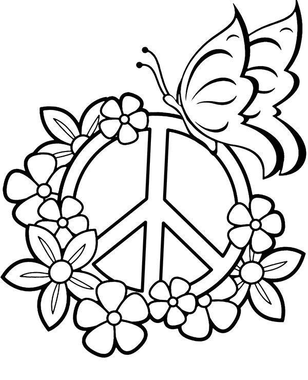 Flowers Peace Sign And Butterfly Coloring Page